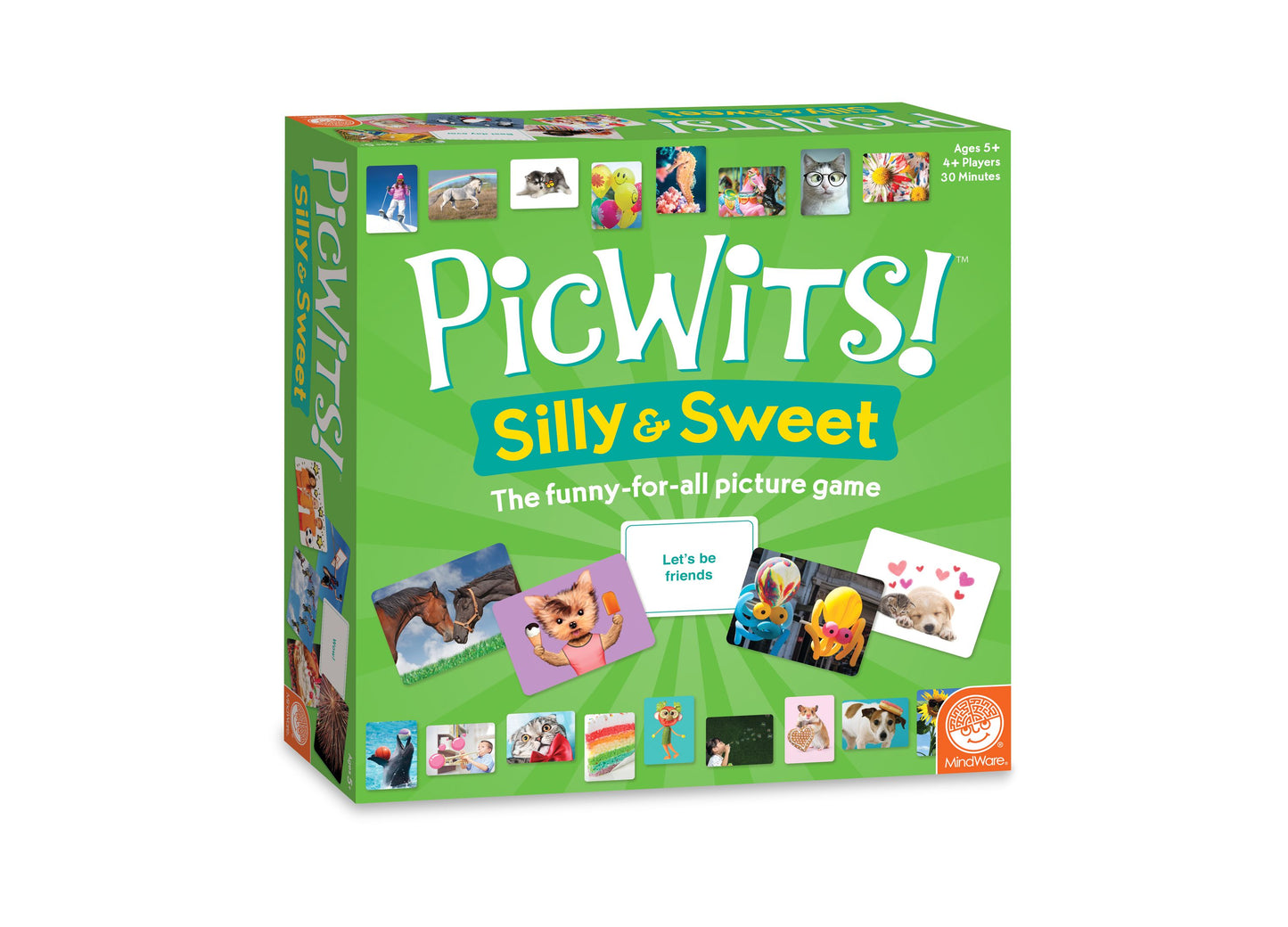 PicWits! Silly & Sweet board game box featuring colorful picture cards and game components on bright green packaging