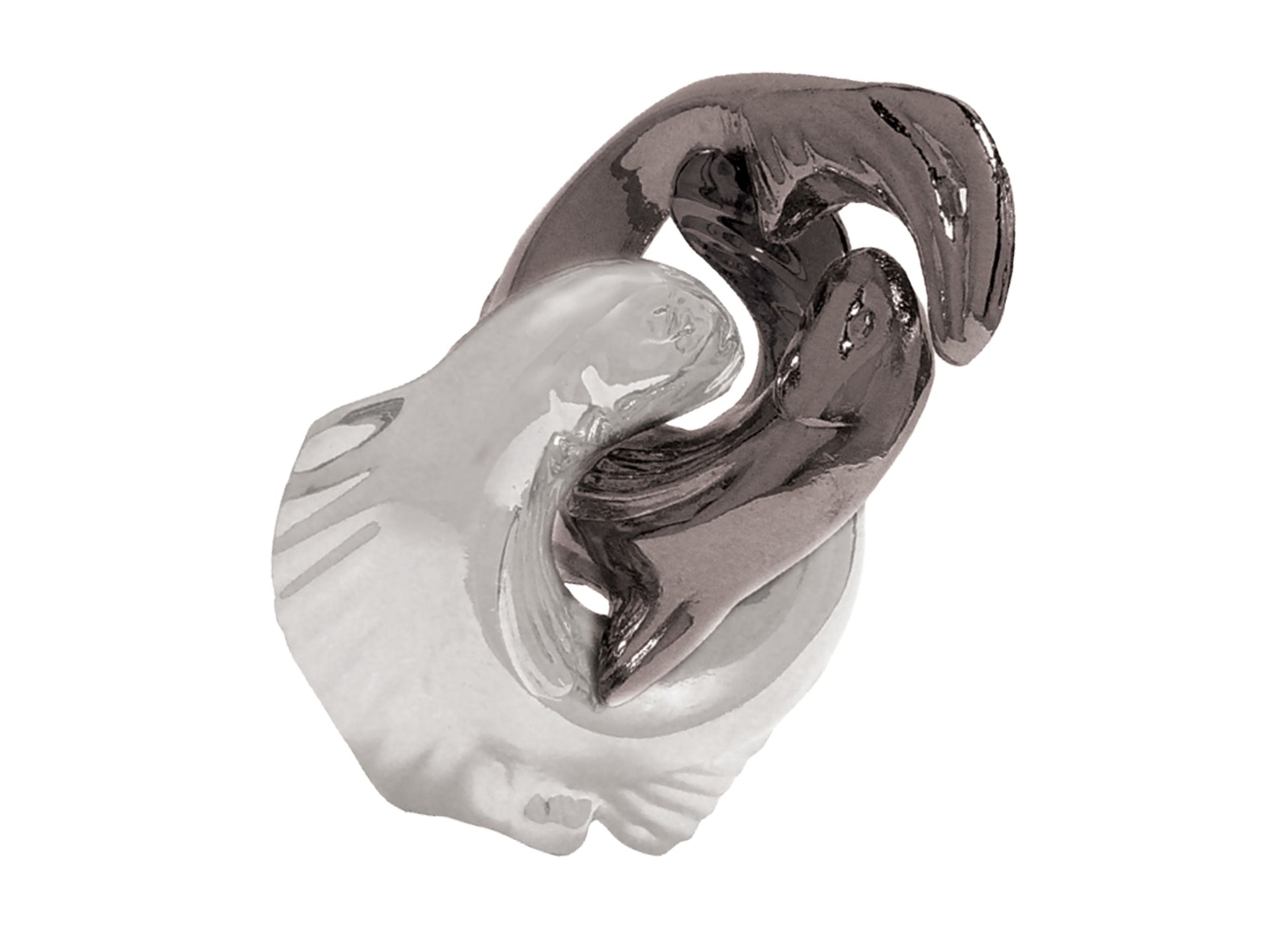 Hanayama Cast Metal Brain Teaser Puzzle Level 1 Trout, interlocking silver and dark gray metal pieces on plain background