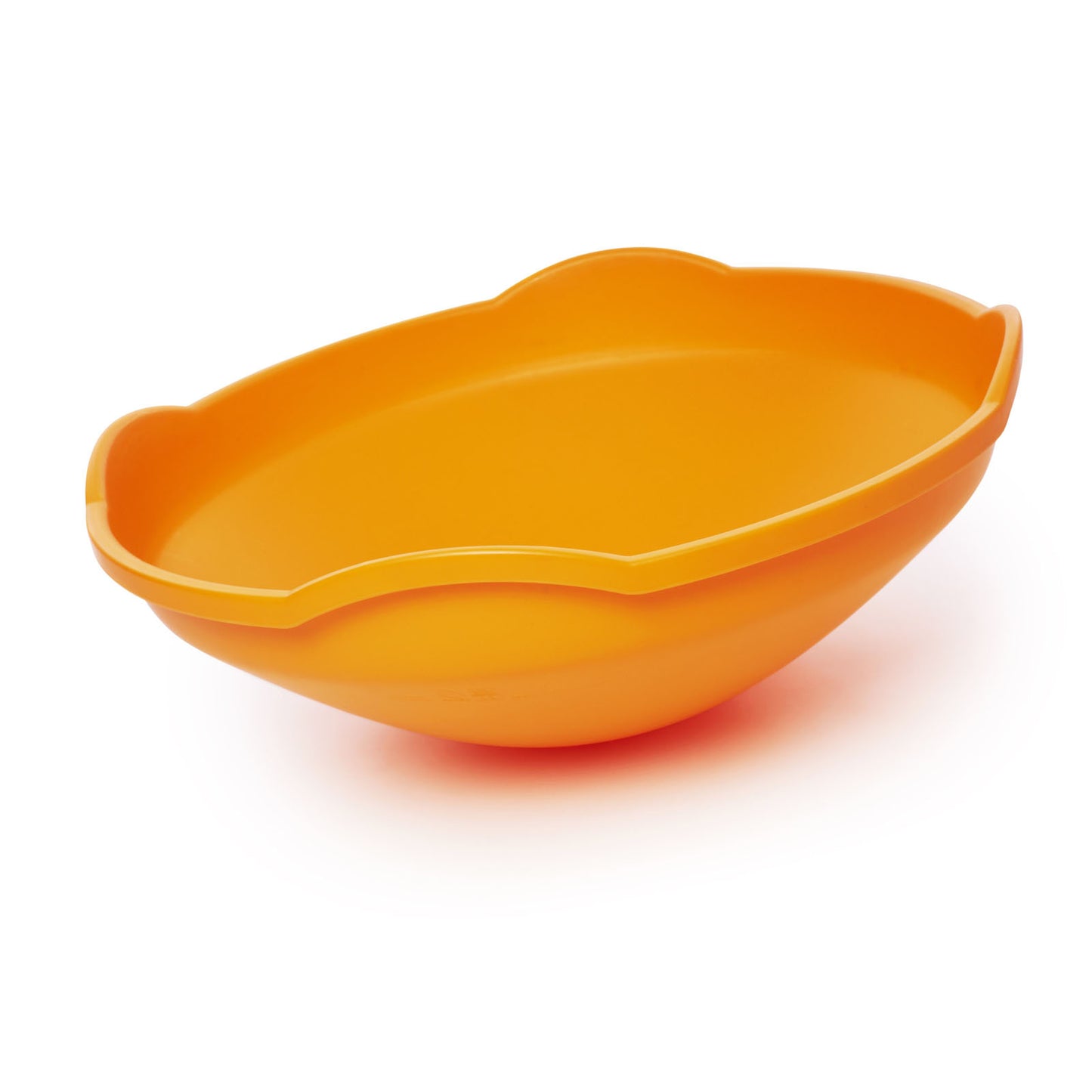 Orange plastic balance toy with curved sides and handles, designed for toddlers to develop coordination and gross motor skills