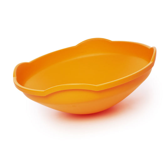 Orange plastic balance toy with curved sides and handles, designed for toddlers to develop coordination and gross motor skills