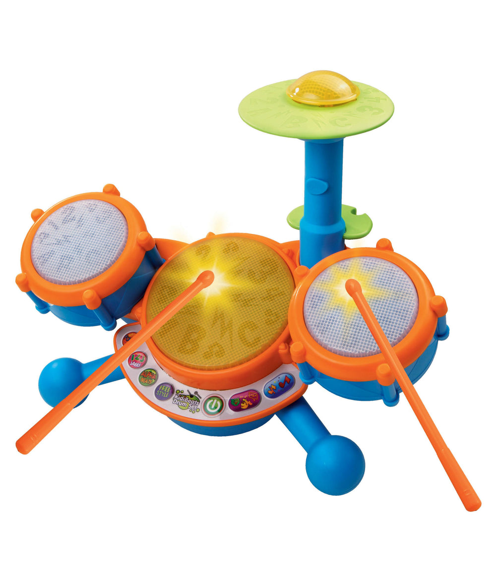 VTech KidiBeats Kids Drum Set with three illuminated drums, orange frames, blue base, drumsticks, and green cymbal top on plain background