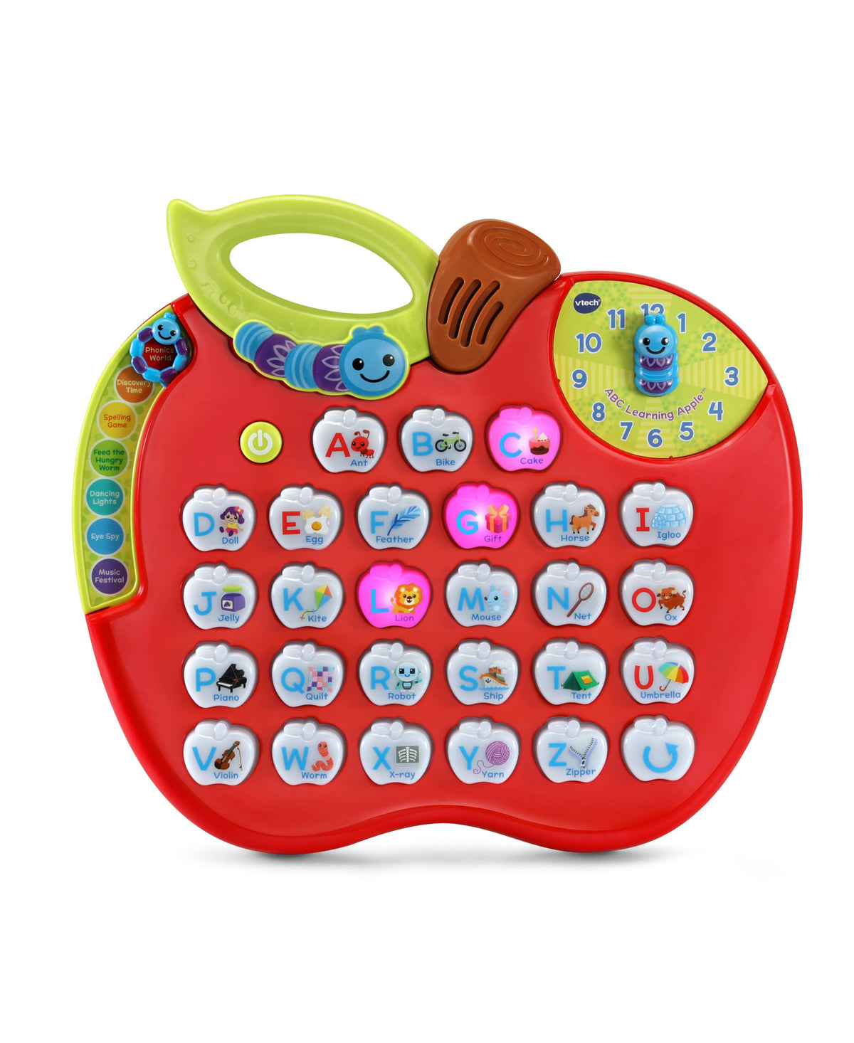VTech ABC Learning Apple red interactive toy with 26 light-up letter buttons, clock face, and green handle