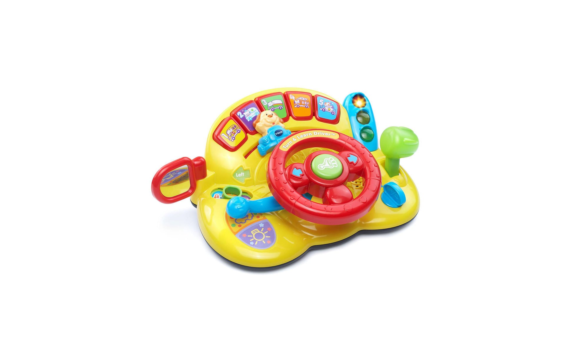 Yellow VTech Turn & Learn Driver steering wheel toy with red center wheel, interactive buttons, and colorful learning features on plain background
