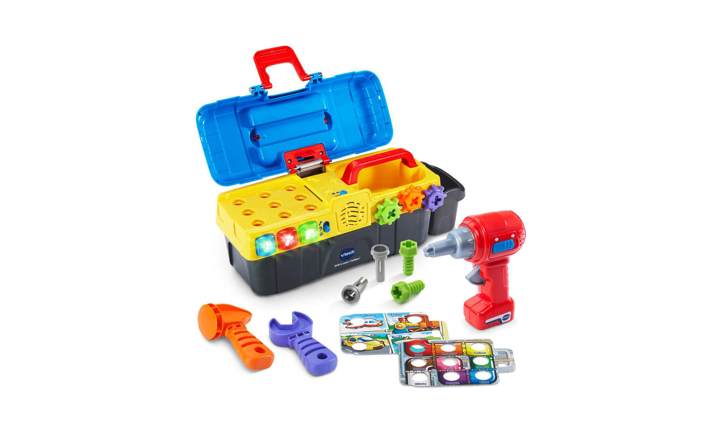 VTech Drill & Learn Toolbox with blue lid, yellow work surface, black base, red power drill, orange and purple wrenches, metal screws, green bolts, and instruct