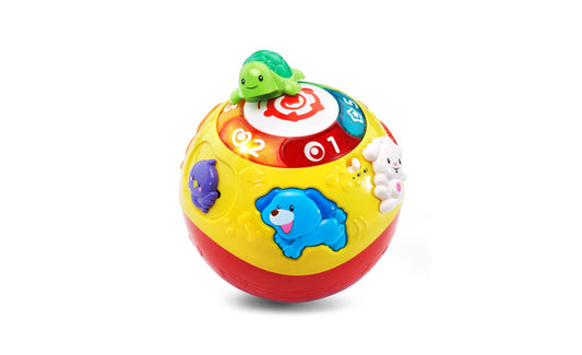 Colorful round toy ball with yellow and red sections, featuring a green turtle on top, blue puppy character, white bunny, purple octopus, and numbered red dial