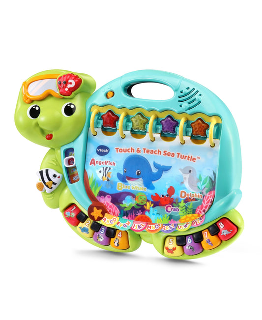 VTech Touch & Teach Sea Turtle learning toy with lime-green turtle-shaped body, turquoise shell, colorful star buttons, numbered piano keys, and sea creature gr