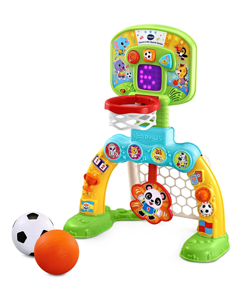 VTech Count & Win Sports Center with green frame, interactive digital screen, red basketball hoop, soccer goal, and two soft balls included
