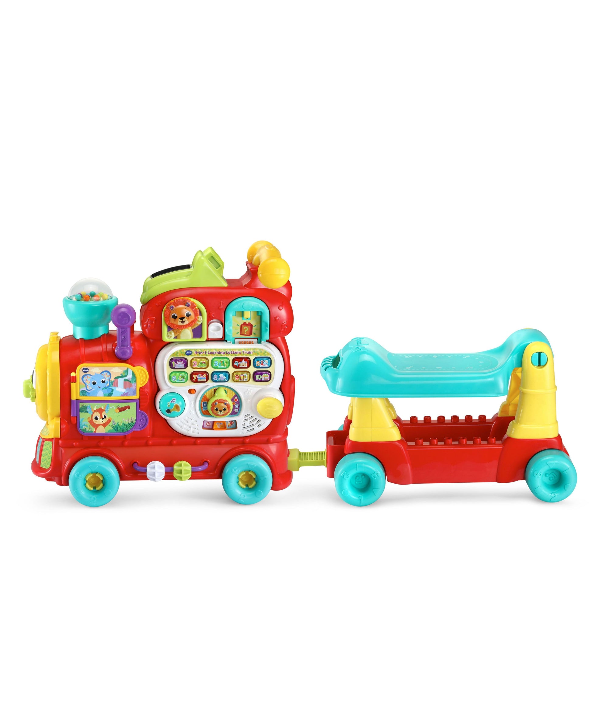 Red and turquoise 4-in-1 learning train with interactive buttons, gumball dispenser, and detachable cargo car on plain background