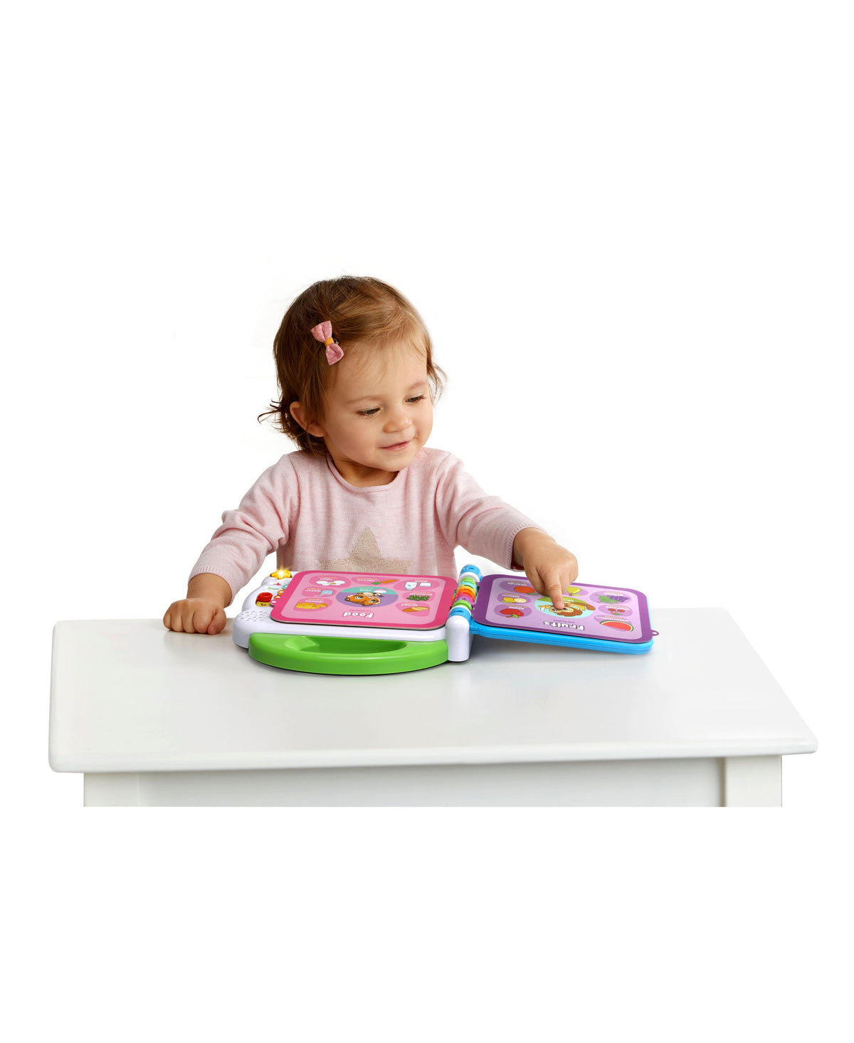 LeapFrog Learning Friends 100 Words Book interactive bilingual toy with pink and blue pages, green base, featuring co...