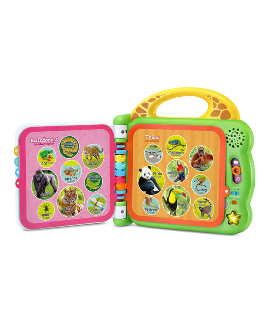 LeapFrog 100 Animals Book interactive learning toy with pink rainforest cover and green trees cover, featuring animal photos and educational buttons