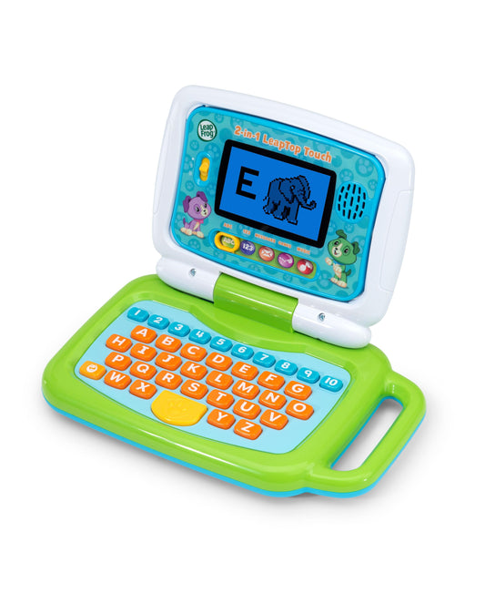 LeapFrog 2-in-1 LeapTop Touch learning laptop with green base, blue keyboard with letter and number keys, and blue screen display showing letter E with elephant