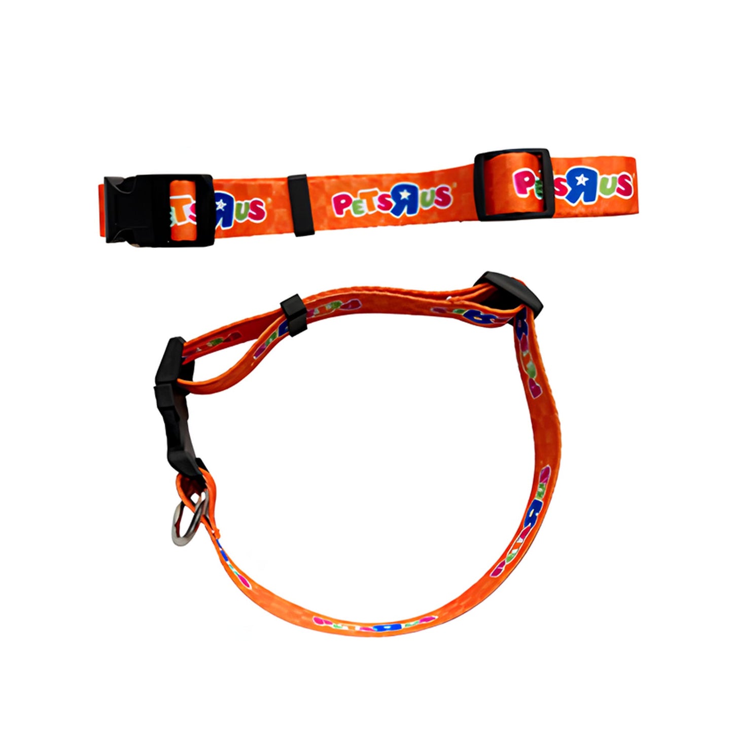 Pets R Us orange dog collar with black buckles and metal D-ring, shown flat and assembled