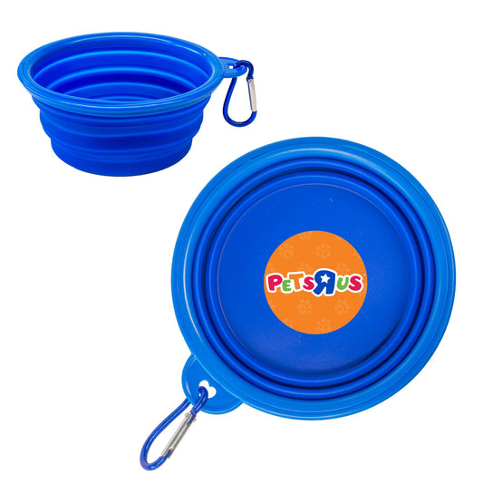 Two blue collapsible silicone pet bowls with carabiner clips, one shown collapsed and one shown flat, Pets R Us branding on orange circle
