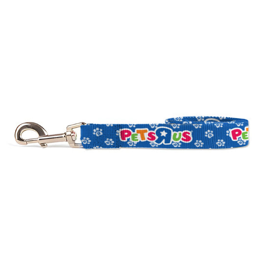 Blue pet leash with Pets R Us logo and paw print pattern, metal clasp attached