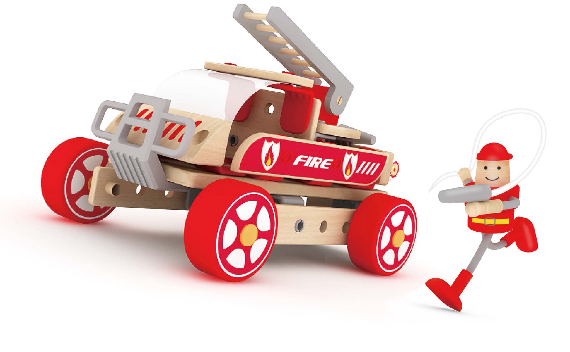 Wooden fire engine toy with red wheels and ladder, accompanied by a firefighter figure holding a hose