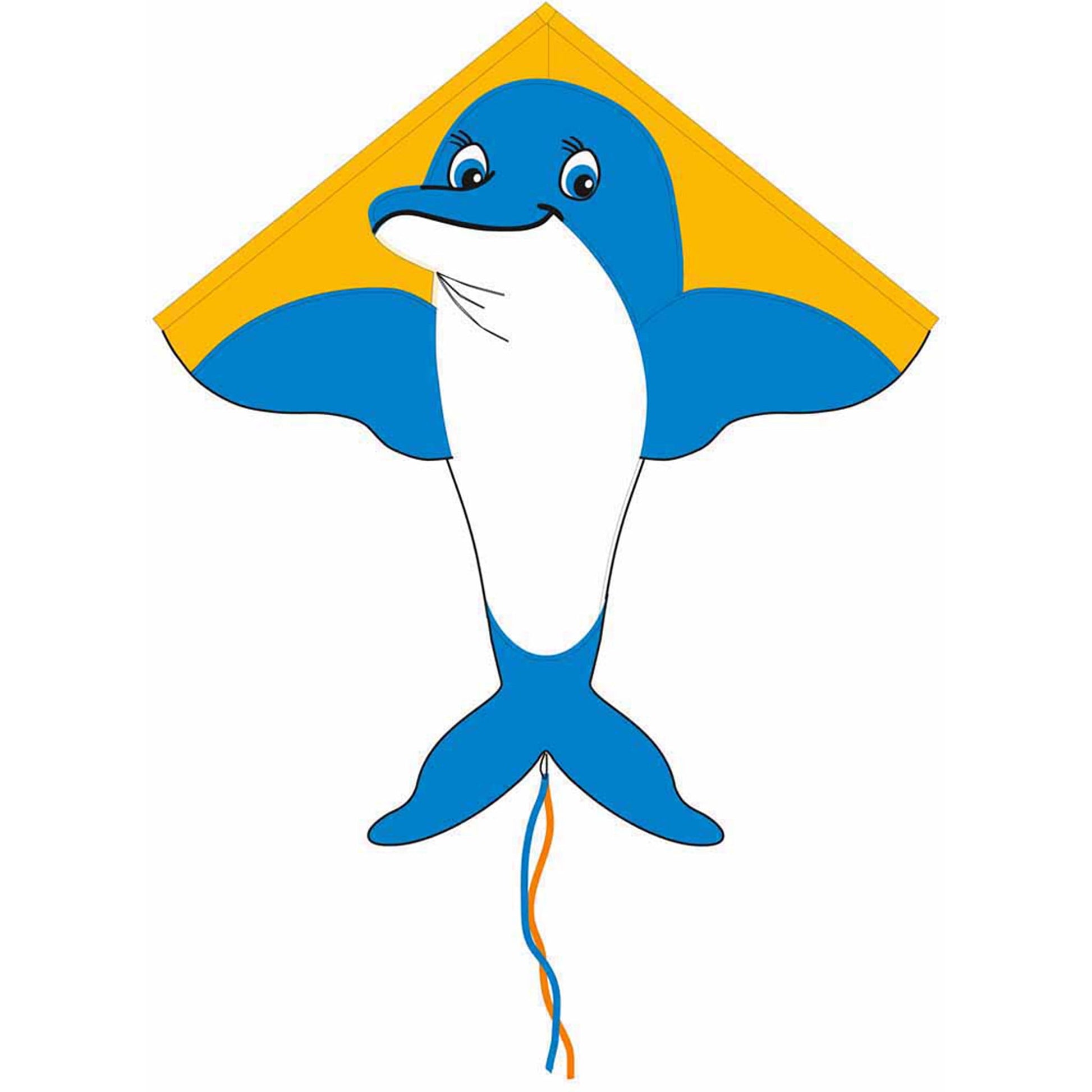 Blue and white dolphin kite with yellow diamond-shaped sail and string attached