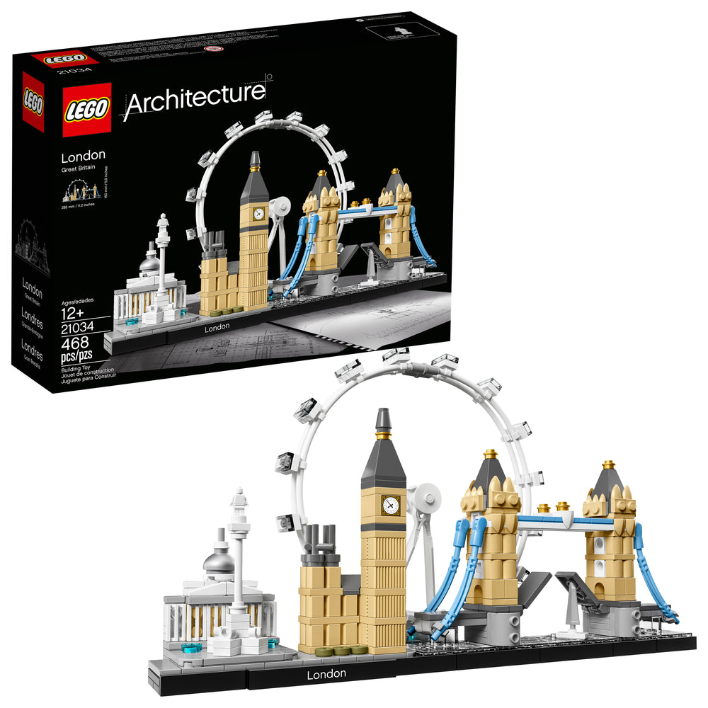 LEGO Architecture London set showing Big Ben, Tower Bridge, and London Eye landmark buildings in tan, black, and blue on black display base