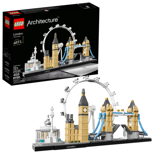 LEGO Architecture London set showing Big Ben, Tower Bridge, and London Eye landmark buildings in tan, black, and blue on black display base