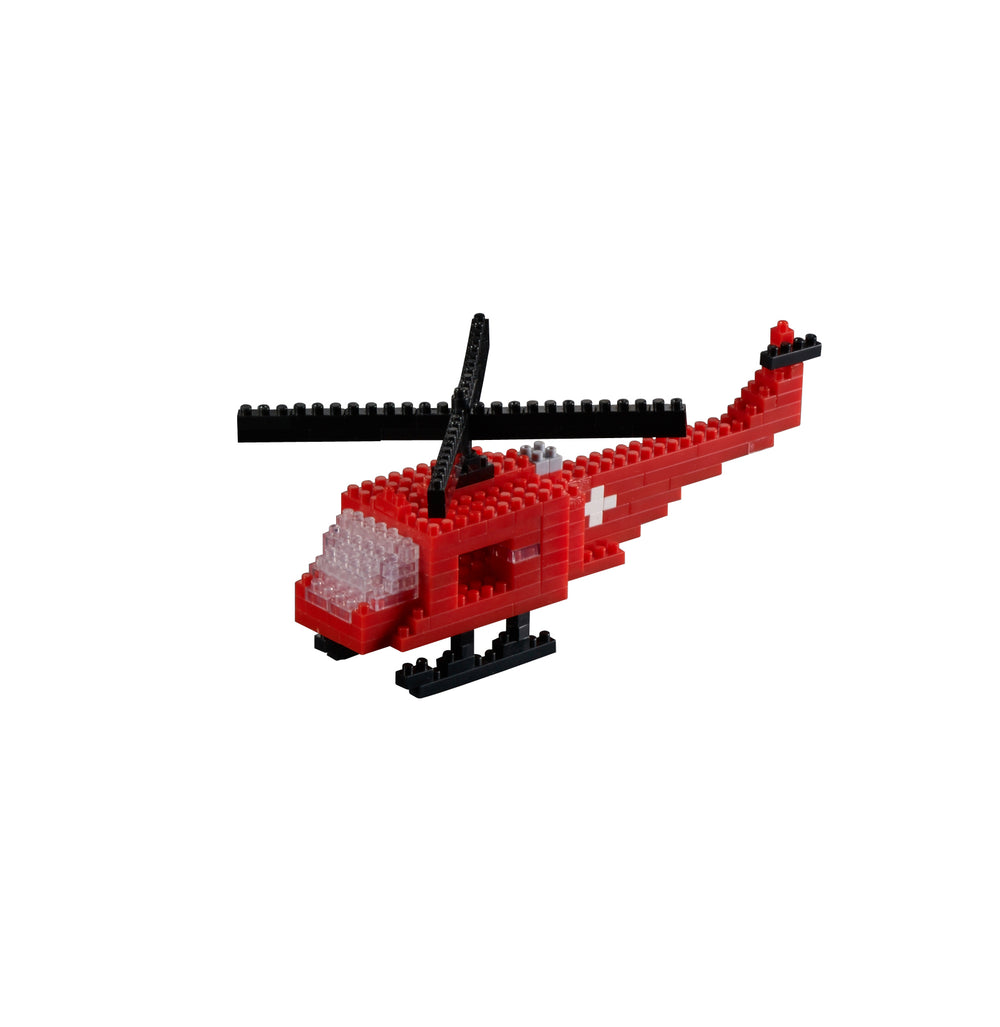 Red and black building block helicopter with white Swiss cross detail and black rotor blade