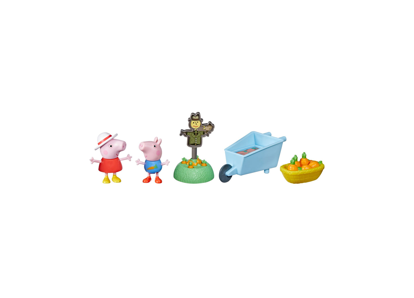 Peppa Pig Growing Garden Play Set with five pieces: pink pig figure wearing red dress and hat, blue-dressed pig figure, scarecrow on green base, blue wheelbarro