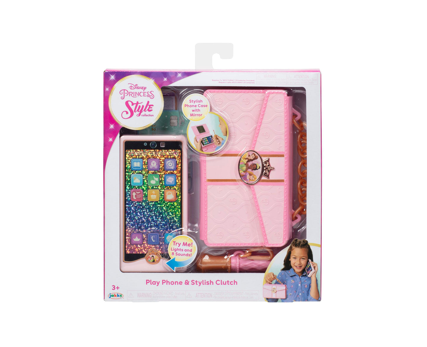 Disney Princess Style Collection Play Phone & Stylish Clutch set with rainbow glitter phone featuring lights and sounds, pink mirror phone case, and accessories