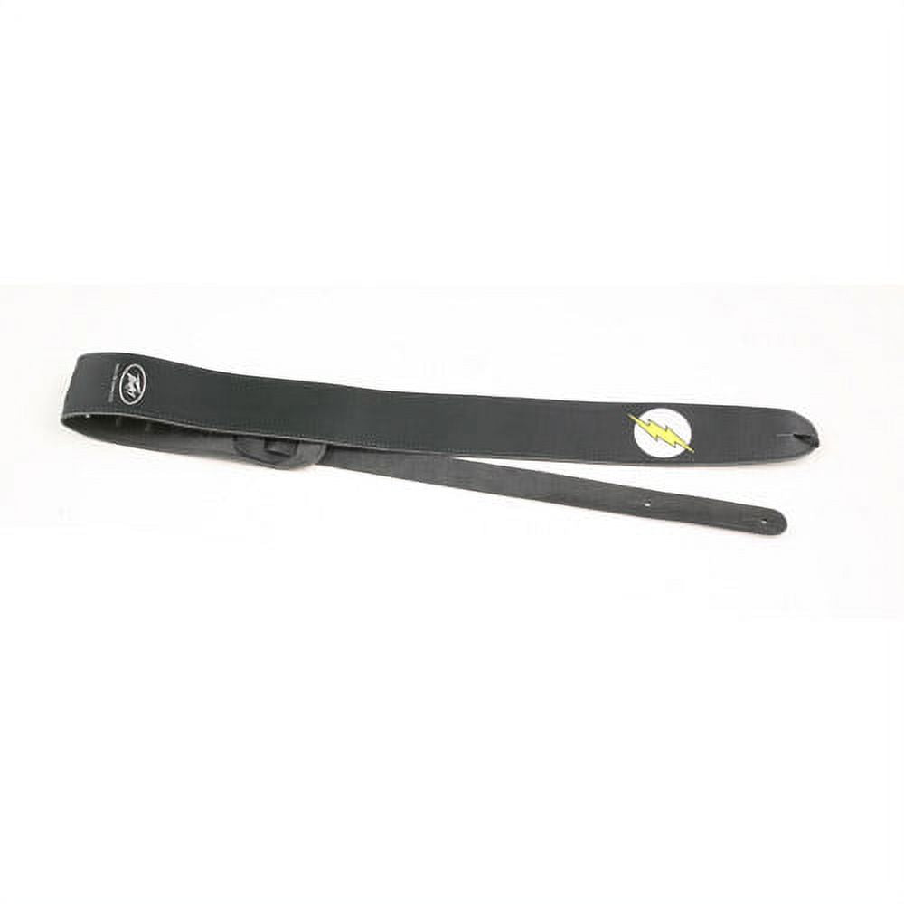 Black leather guitar strap with Peavey logo on padded shoulder section and decorative planet emblem patch