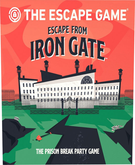 The Escape Game Escape from Iron Gate board game box cover featuring a white mansion with iron gates and guards on a red and green background