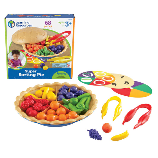 Learning Resources Super Sorting Pie set with 68 pieces for ages 3+, showing colorful plastic pie filled with toy fruits, sorting tongs, and numbered spinner wh