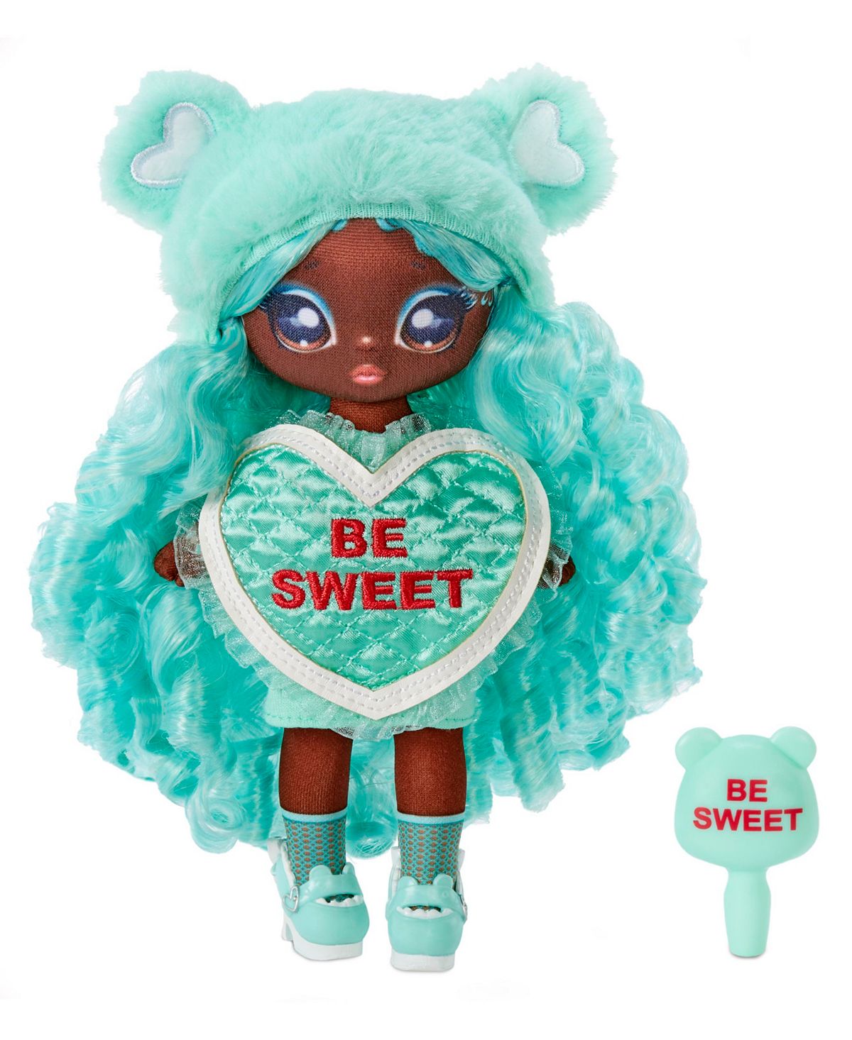 Na! Na! Na! Surprise Sweeted Hearts doll with turquoise fluffy hair, heart-shaped face, and matching turquoise outfit with "BE SWEET" message on chest, includes