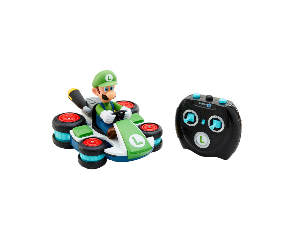 Nintendo Mini RC Luigi Racer remote control vehicle with green and blue kart featuring character figure, shown with black and cyan wireless controller