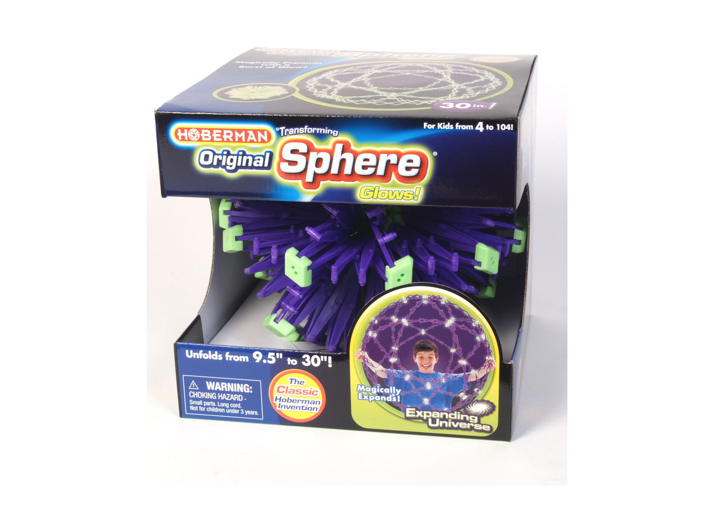 Hoberman Original Sphere glow-in-the-dark transforming toy in purple and neon green, shown in packaging that displays the expanded sphere with a child's face vi