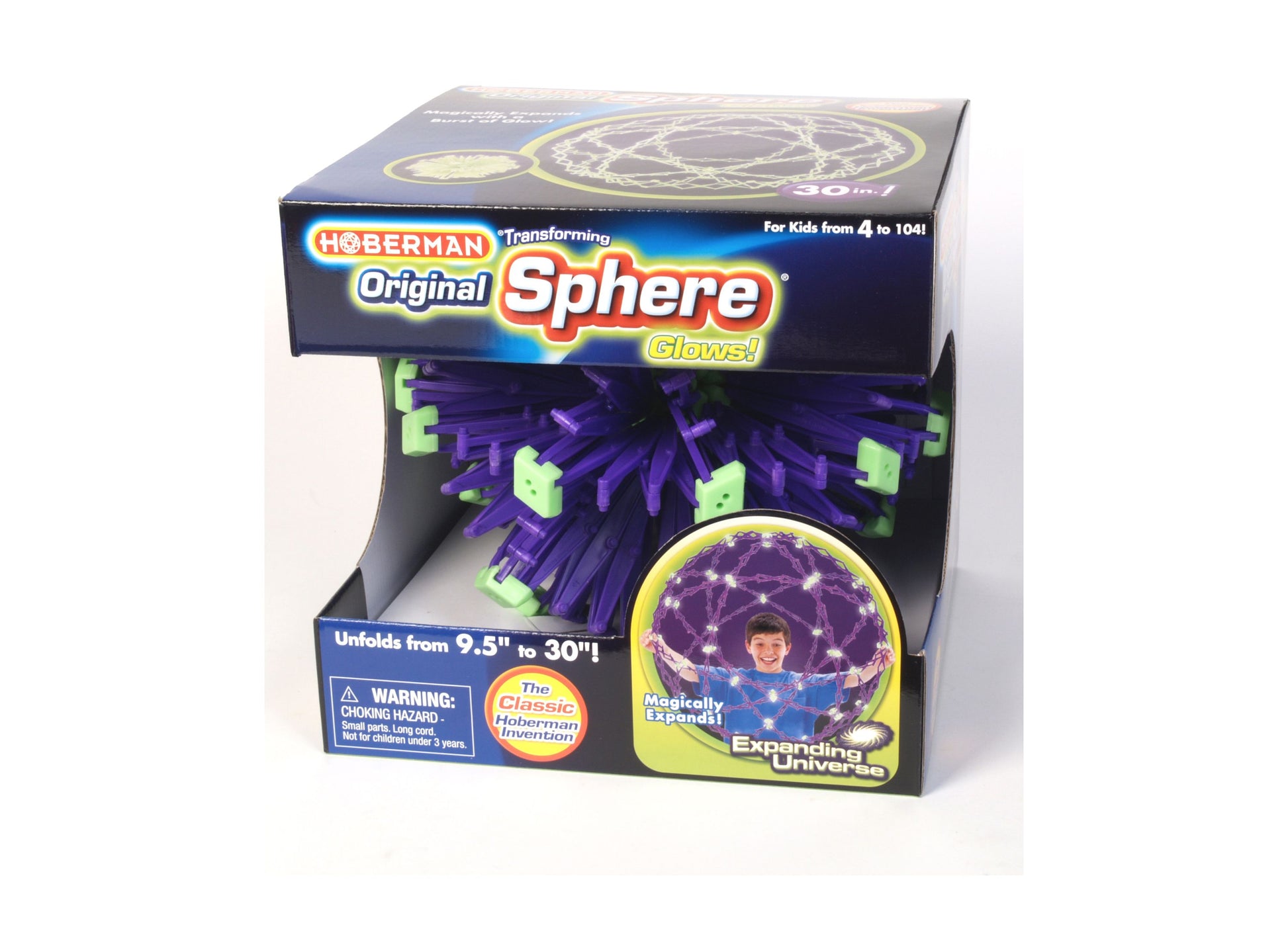 Hoberman Original Sphere glow-in-the-dark transforming toy in purple and neon green, shown in packaging that displays the expanded sphere with a child's face vi