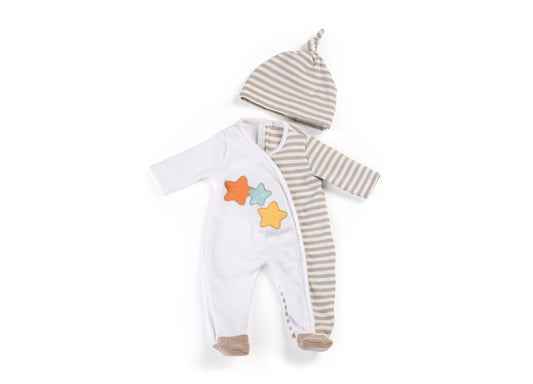 Gender-neutral doll pajamas set with white top featuring colorful star appliqués, beige and white striped pants, matching striped hat, and beige socks, sized fo