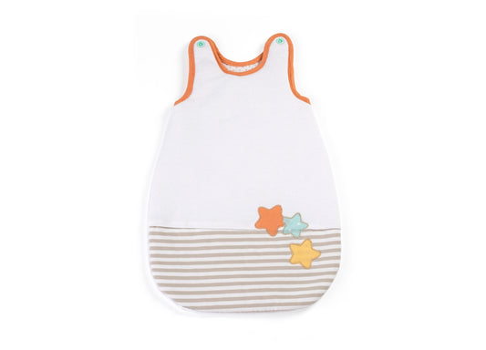 White sleep sack with orange trim, tan and white striped lower panel, and three decorative stars in orange, turquoise, and yellow