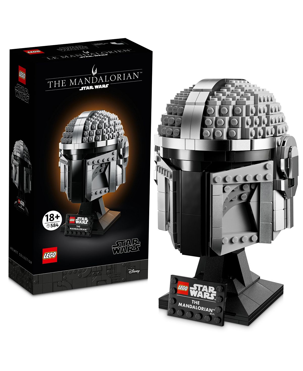 LEGO Star Wars The Mandalorian Helmet building set with 584 pieces, shown assembled on black display stand next to black and silver product box