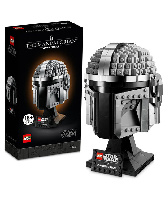 LEGO Star Wars The Mandalorian Helmet building set with 584 pieces, shown assembled on black display stand next to black and silver product box