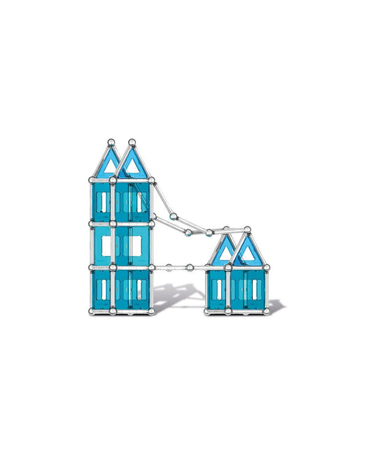 Turquoise and blue magnetic building set assembled into a castle-like structure with two tall towers connected by a bridge