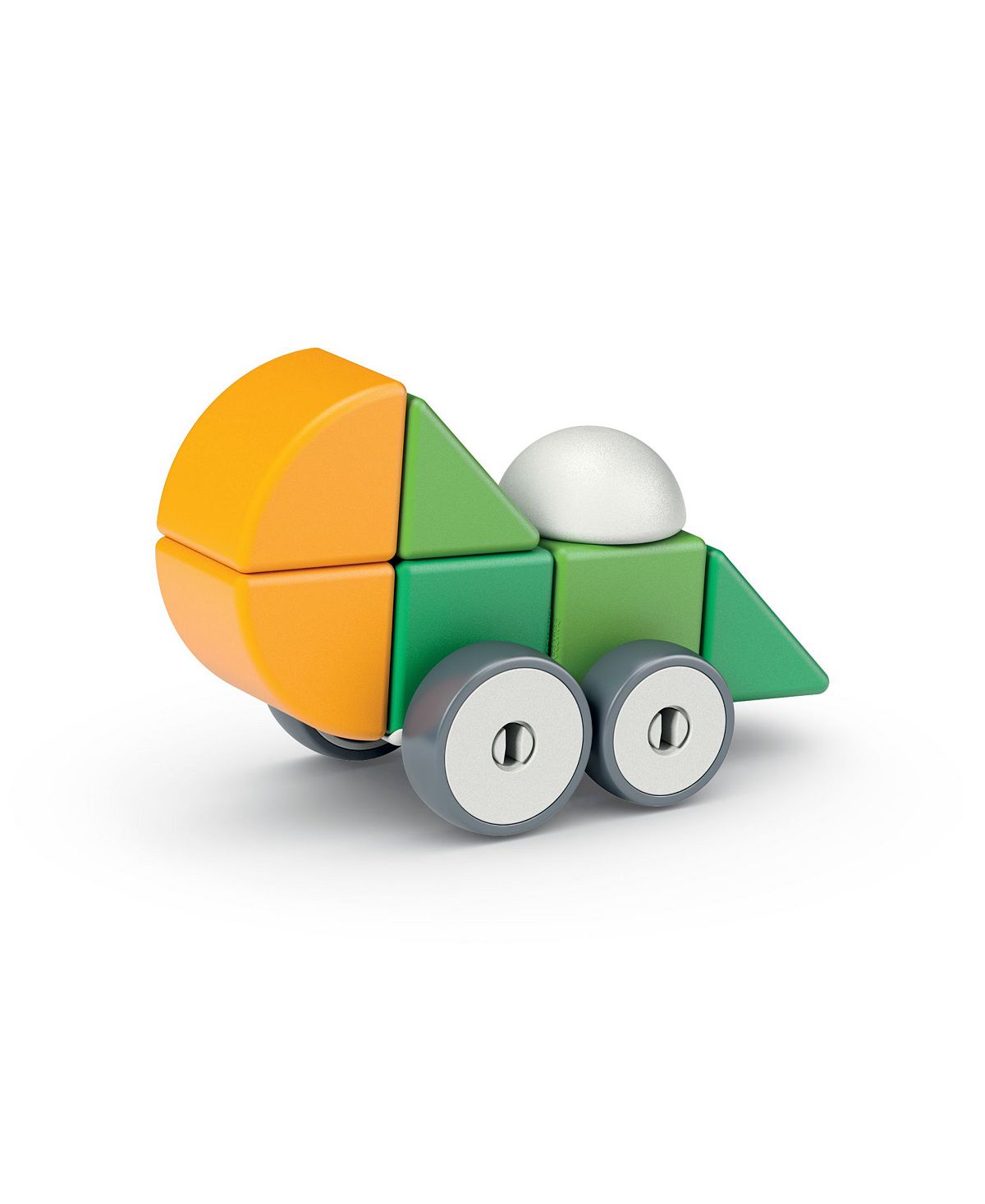 Colorful magnetic building blocks assembled into a truck shape with yellow and orange rounded sections, green cubic and triangular blocks, white sphere, and gra