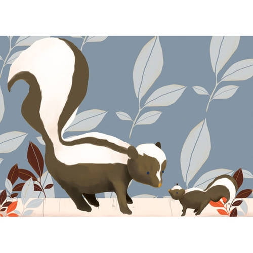 Two illustrated skunks with raised tails on a beige ground against a blue background with stylized leaf motifs in gray, white, and rust tones