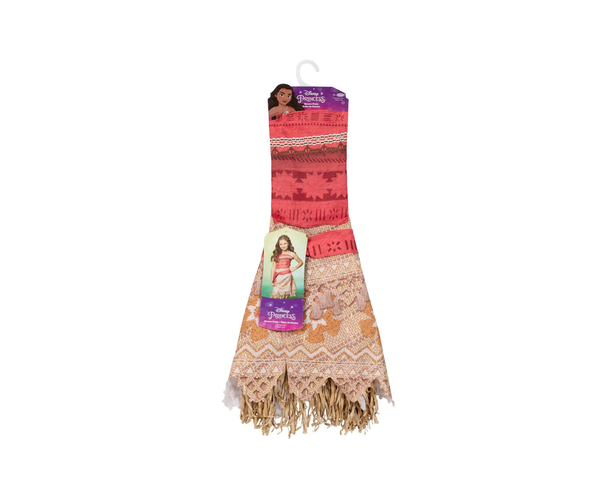Disney Princess Moana child's adventure outfit costume in coral and tan with geometric patterns and fringe hem, displayed on hanger with product tag
