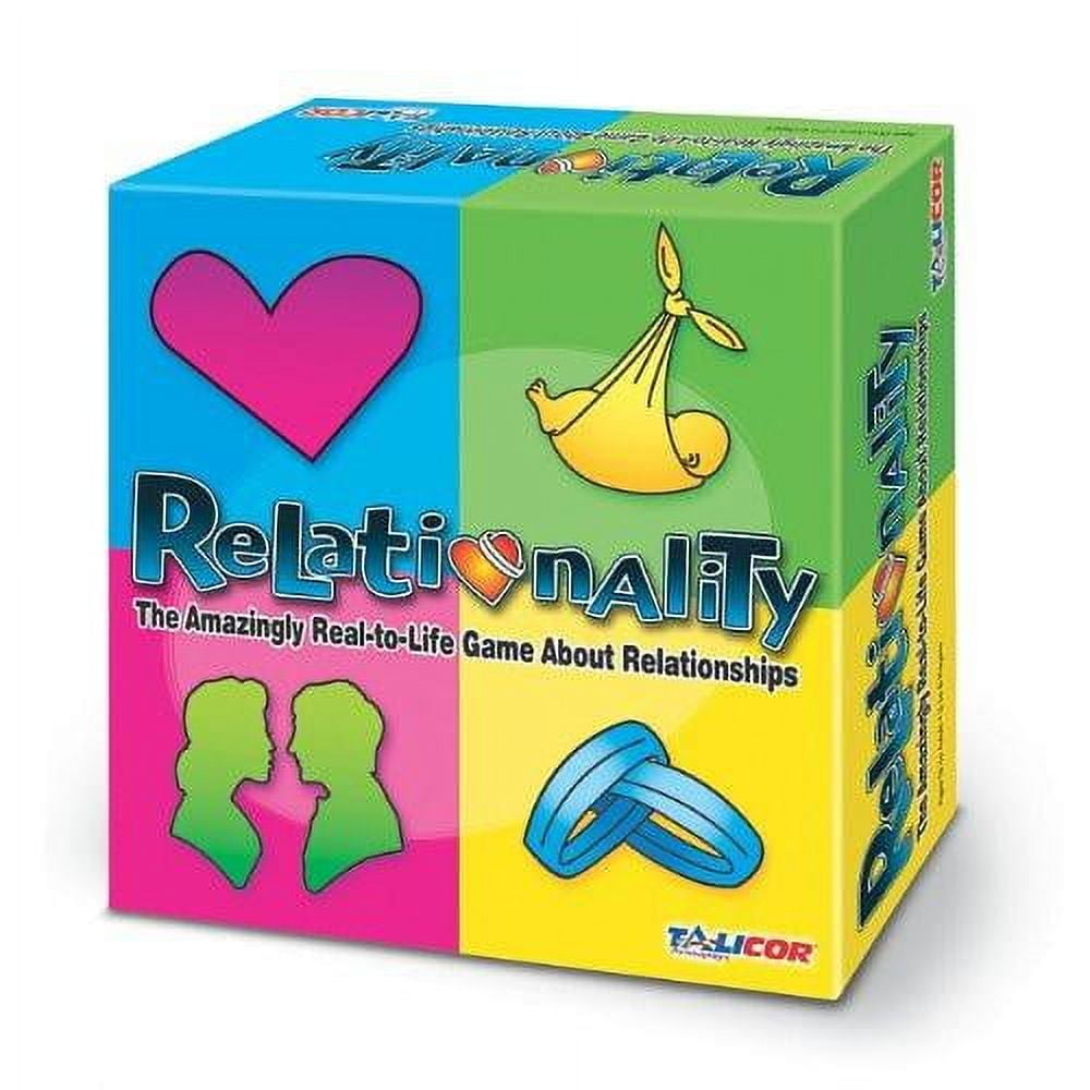Relationality board game box with colorful panels featuring a pink heart, green silhouettes, yellow rings, and banana imagery