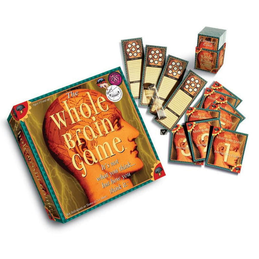 The Whole Brain Game board game box with game board, category cards, and instruction materials displayed on plain background