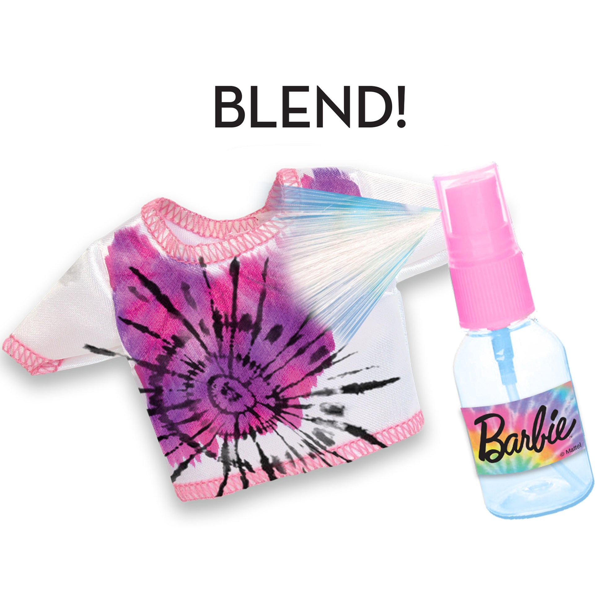 Barbie Be A Real Fashion Designer Tie-Dye Kit showing a white fabric with pink and purple tie-dye pattern and a spray bottle with pink cap labeled Barbie