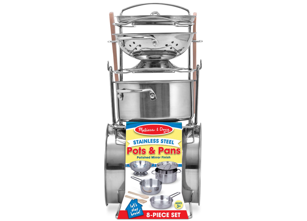 Melissa & Doug stainless steel pots and pans 8-piece pretend play kitchen set with polished mirror finish cookware and wooden handles