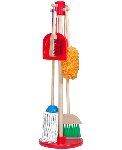 Wooden cleaning set with red base and handles, including a mop with blue head and white strings, broom with green bristles, orange feather duster, and red dustp