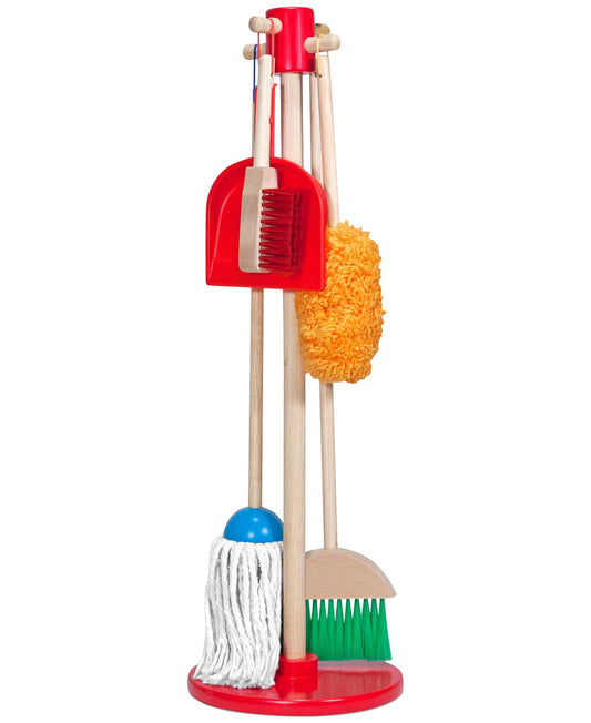 Wooden cleaning set with red base and handles, including a mop with blue head and white strings, broom with green bristles, orange feather duster, and red dustp