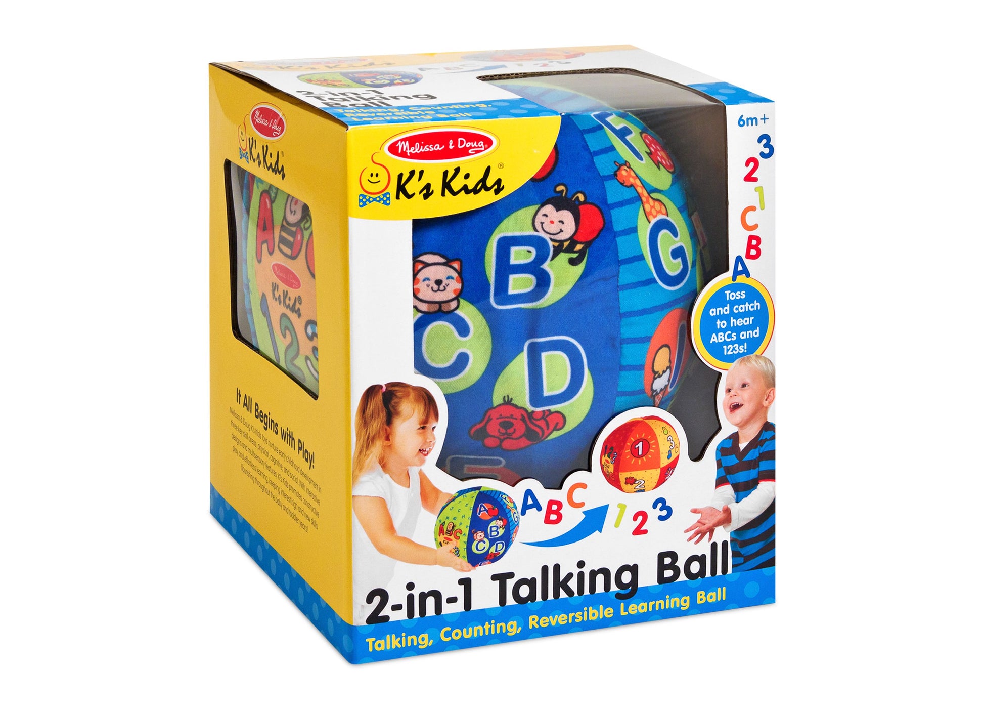Melissa & Doug K's Kids 2-in-1 Talking Ball with ABCs and numbers on blue fabric, shown in packaging with children on model demonstrating play