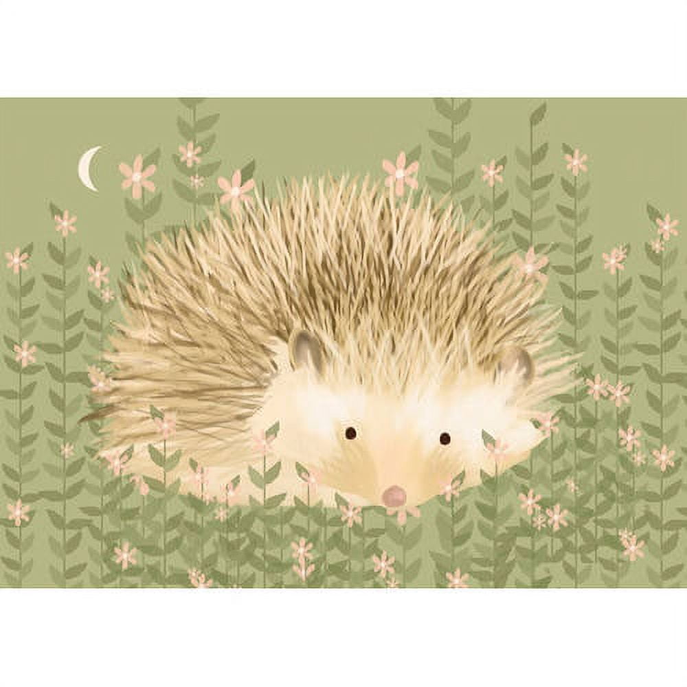 Illustrated hedgehog with spiky quills surrounded by pink flowers and green foliage on sage background with crescent moon