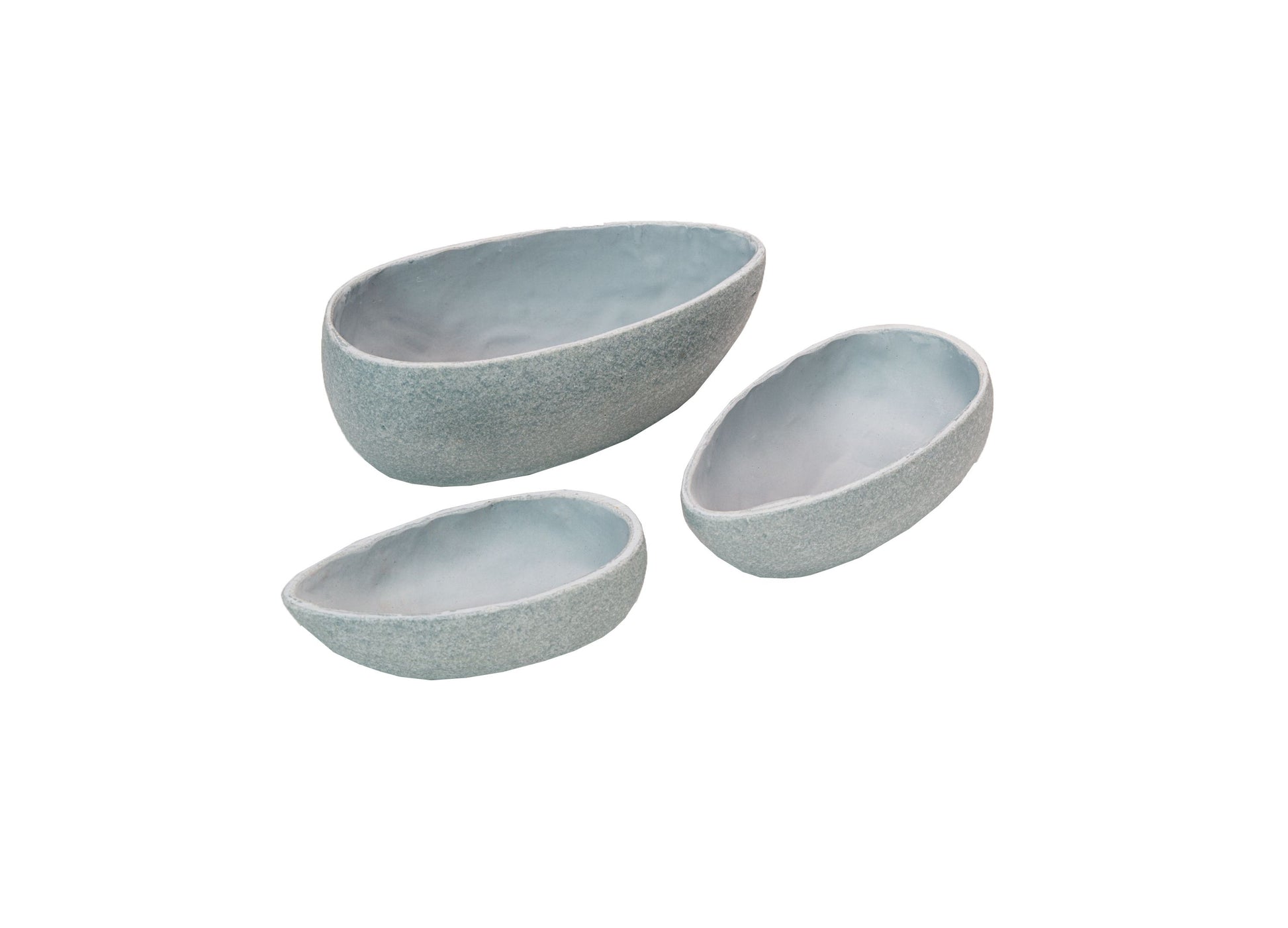 Set of three gray stone-textured oval bowls in graduated sizes on plain background