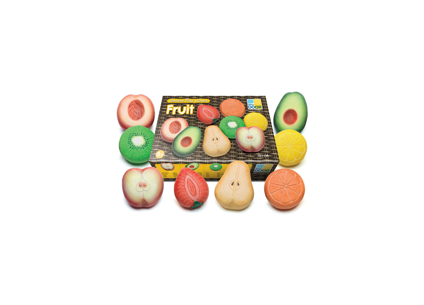 Yellow Door Fruit Sensory Play Stones set with 8 colorful stone pieces shaped and painted as peaches, kiwis, avocados, pears, apples, strawberries, and citrus f